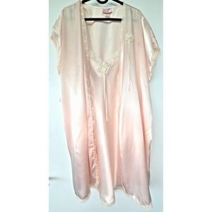 Vintage Satin Slip Dress with Robe Lingerie Lace Set W's Sz L Pastel Pink Y2K 90